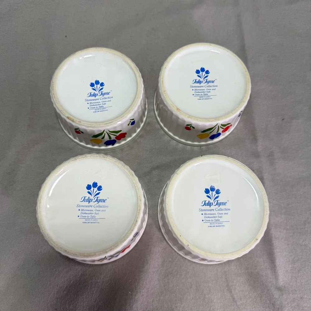 4 Tulip Tyme Ramekins Stoneware 80s VTG Floral Primary Colors Japan Fluted Edge